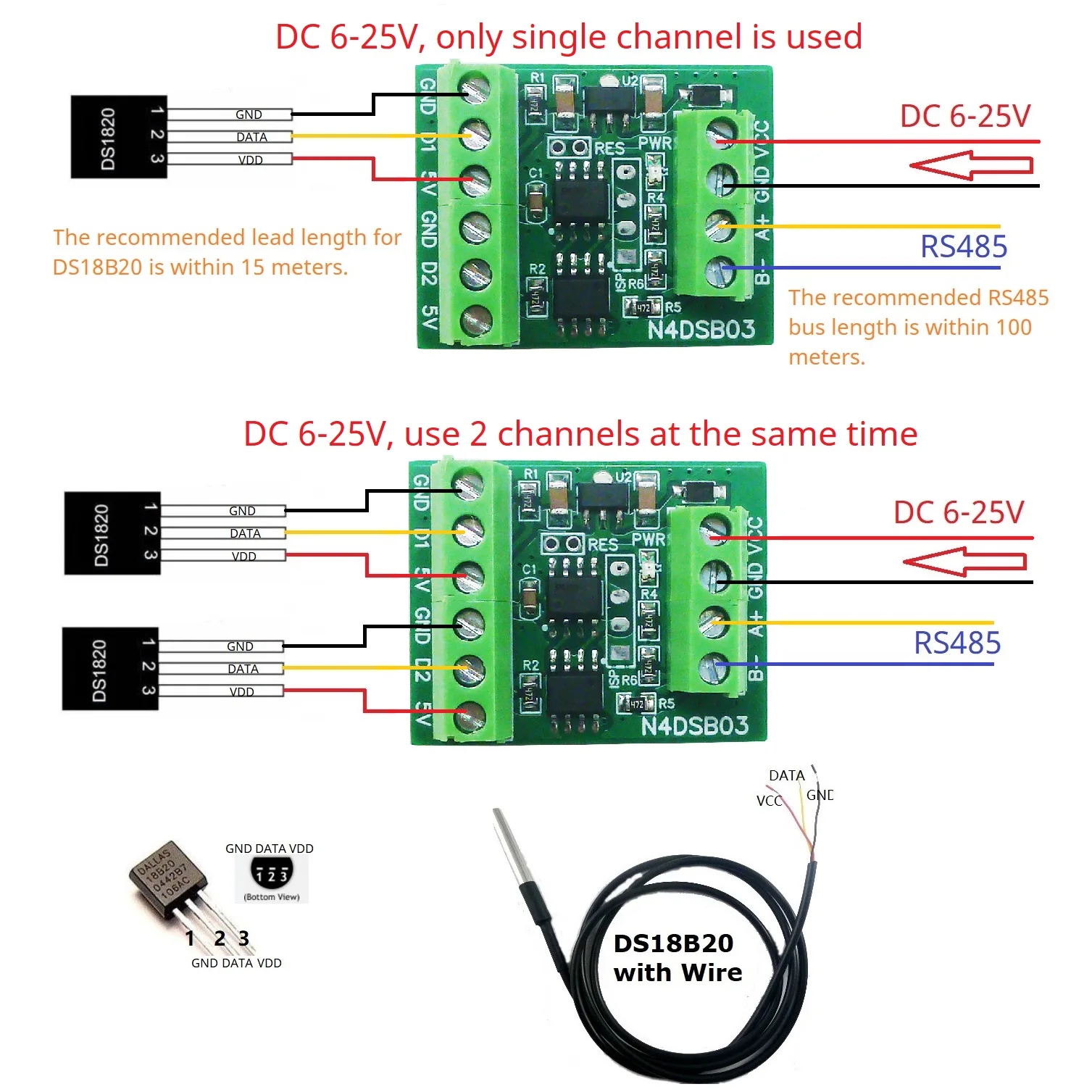 Ds18B20 Temperature Sensor - -55 إلى +125C DS18B20 الاستشعار 1-2CH